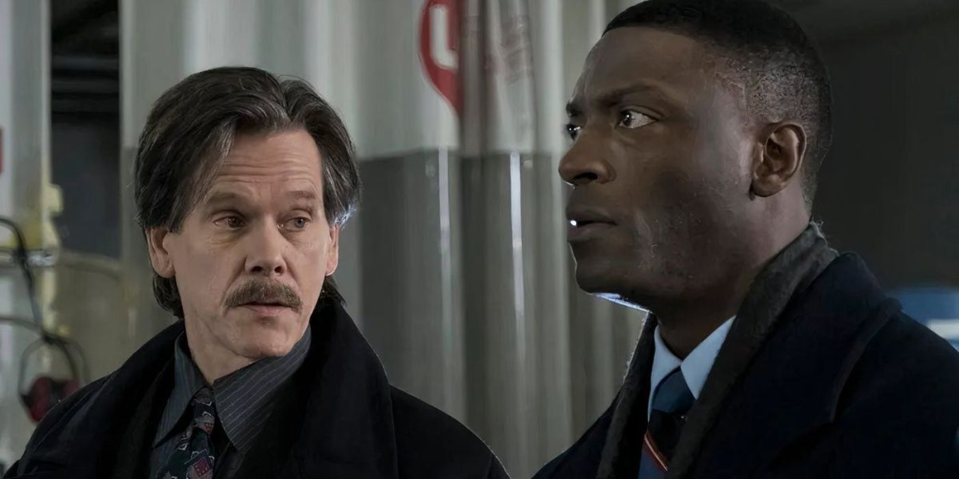 Jackie Rohr (Kevin Bacon) está de surpresa para Decourcy Ward (Aldis Hodge), que também parece surpreso, em City, em uma colina.