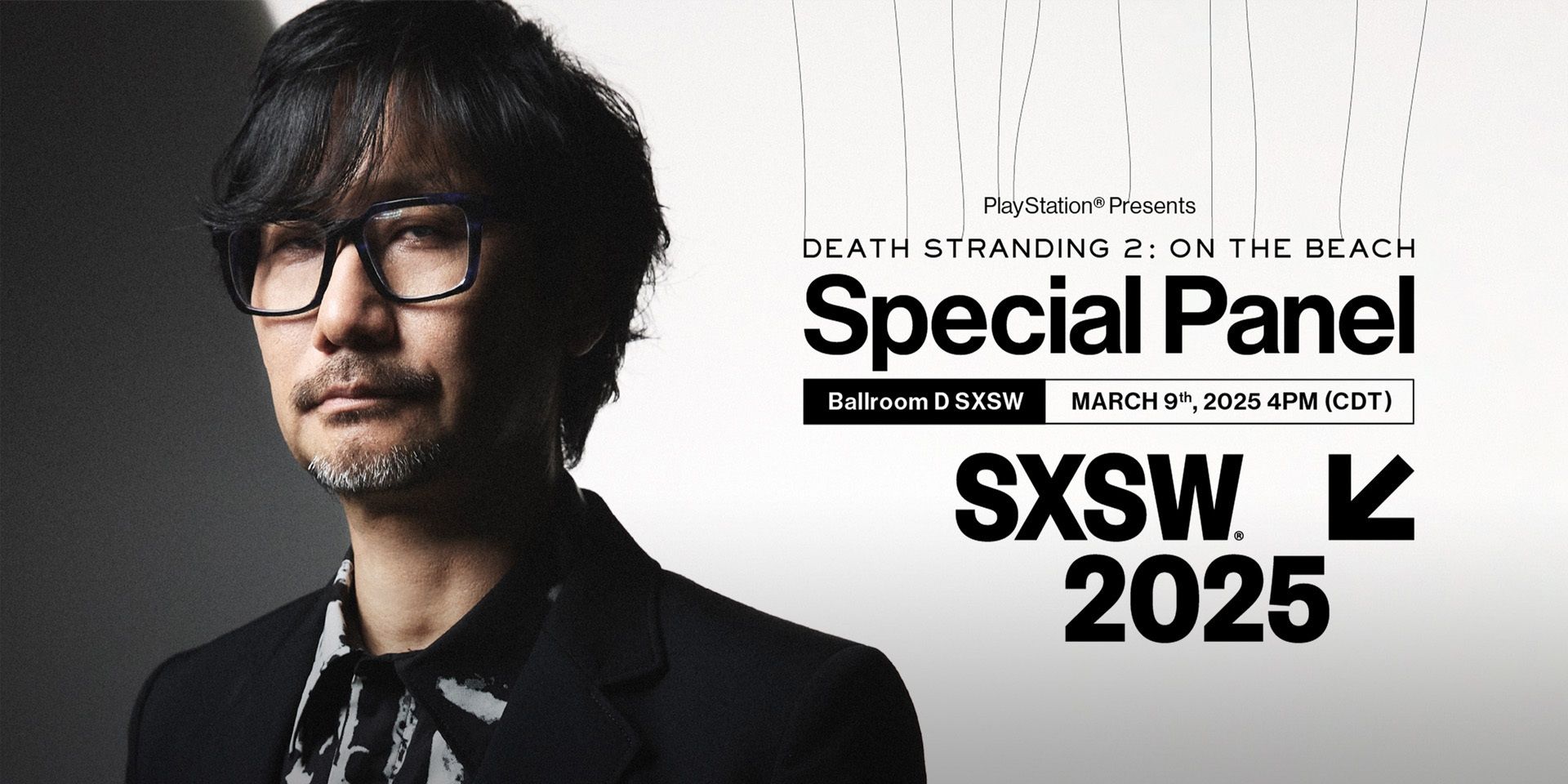 La imagen promocional del panel Hideo Kojima SXSW 2025 con detalles para el tiempo y las fechas, así como la ubicación. 