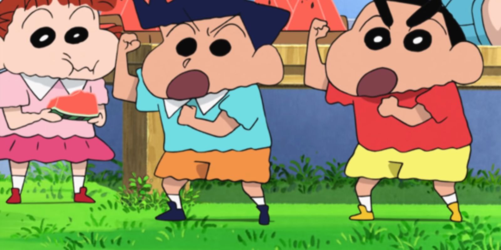 Crayon Shin-chan bir tarlada bağırıyor