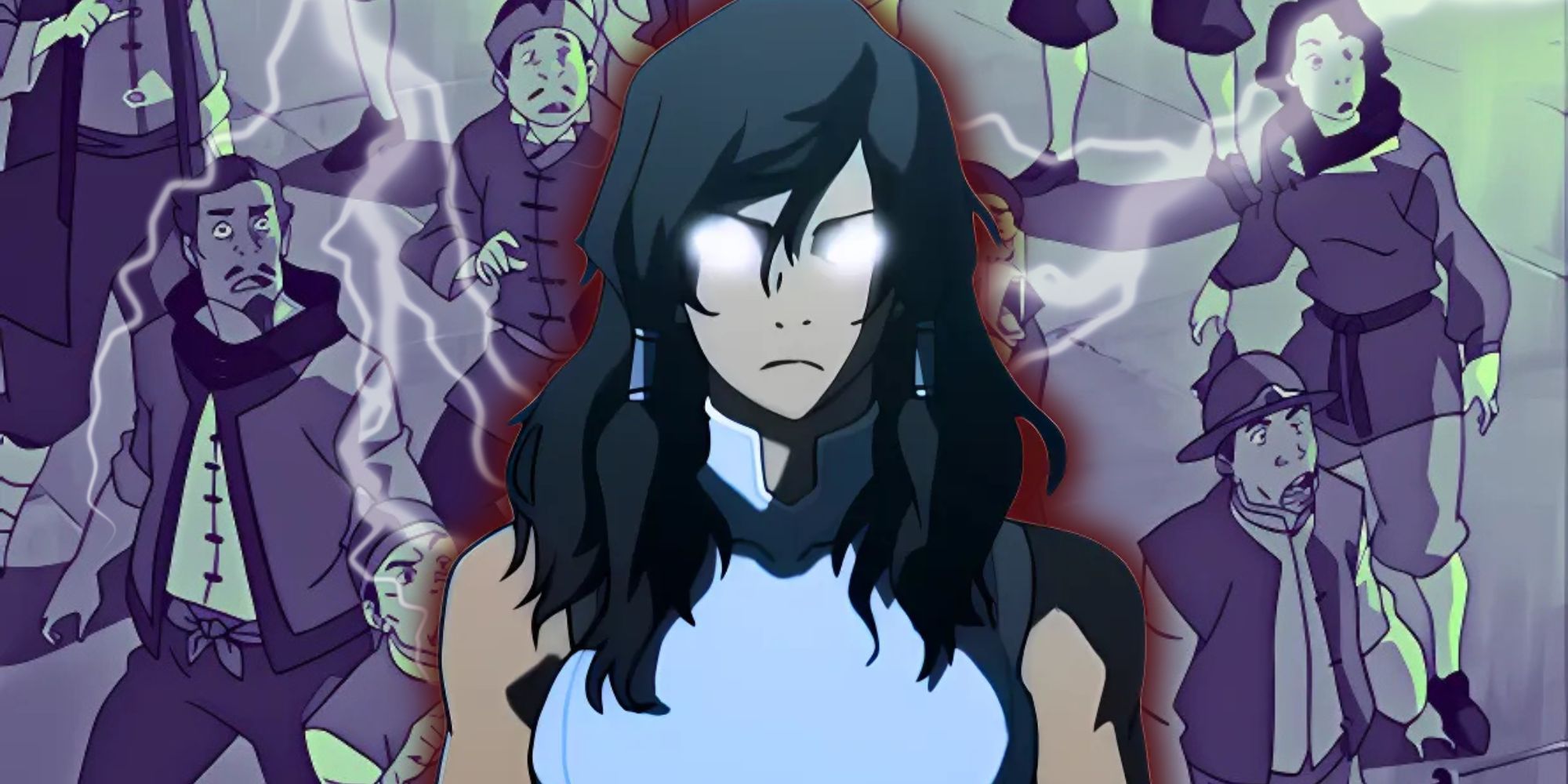 Imagem personalizada do estado de avatar korra na frente de uma multidão aterrorizada