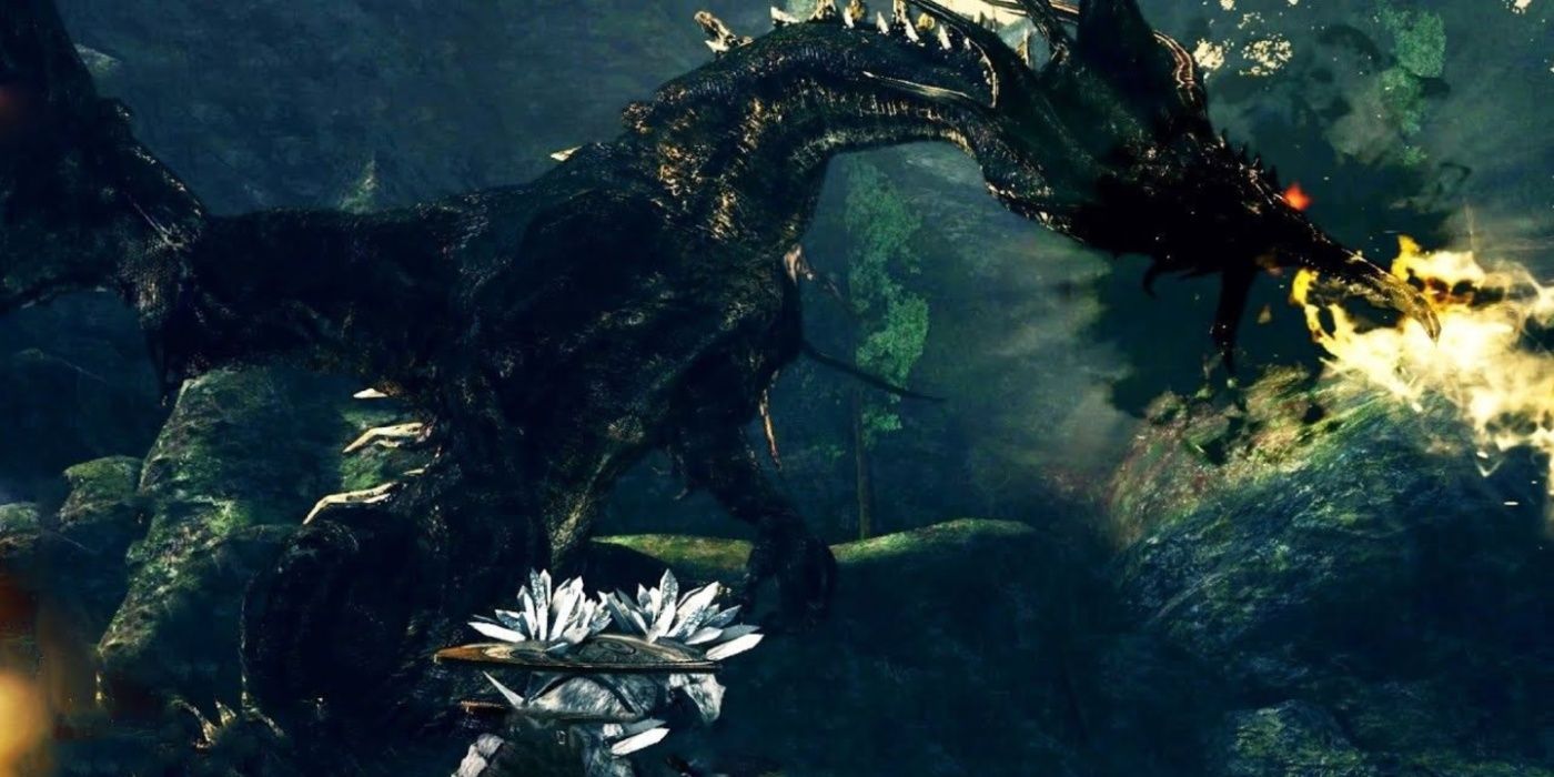 Oyuncu, Dark Souls'daki Dragon Kalameet'ten önce kükrerken toparlanır.