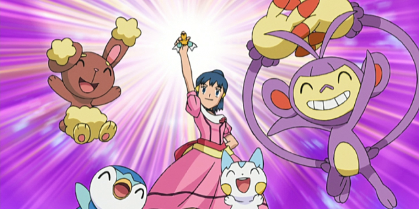 Dawn vencendo a Copa Wallace com Bunneary, PiPLUP, Pachirisu e Ambipom