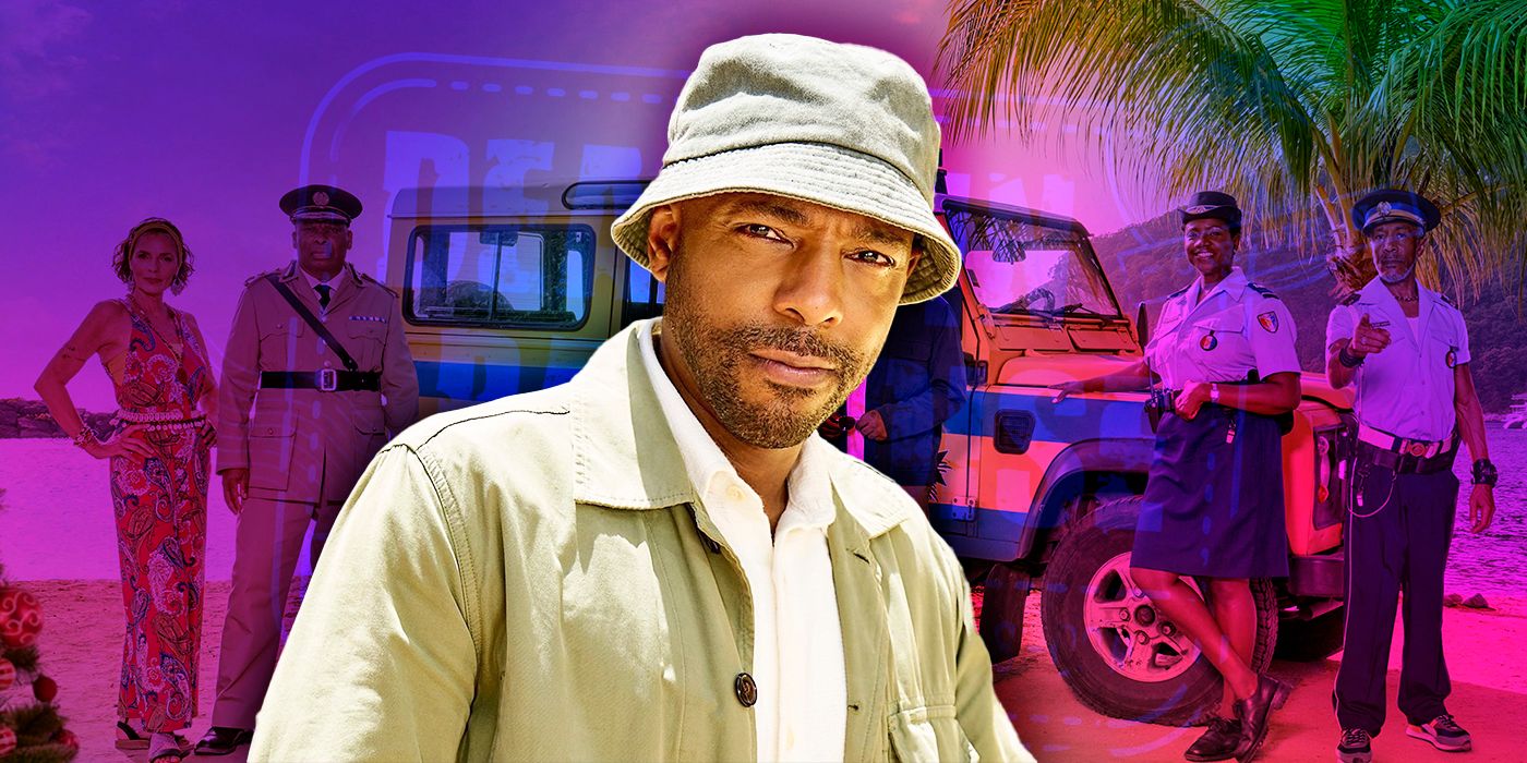 Mervin Wilson (Don Gilet) wearing a bucket hat and beige jacket from Death in Paradise Season 14