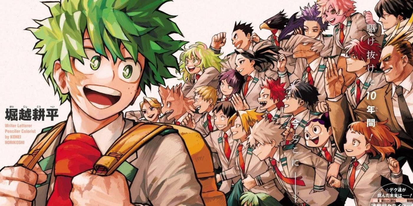 Deku, Kahraman Academia'nın son bölümünde sınıf arkadaşlarıyla arkasında gülümsüyor.