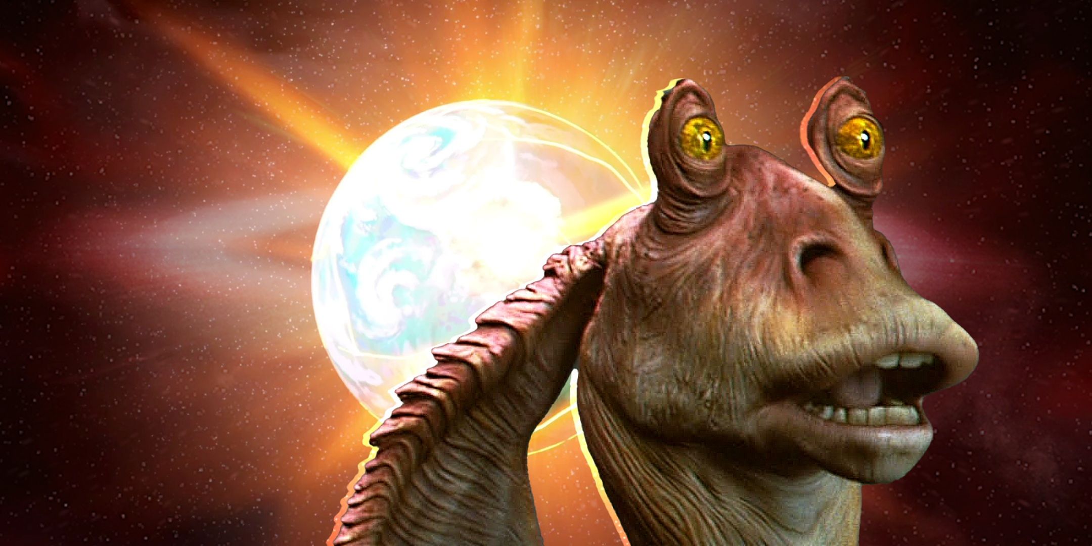 Jar-Jar se extiende frente a un planeta destruido