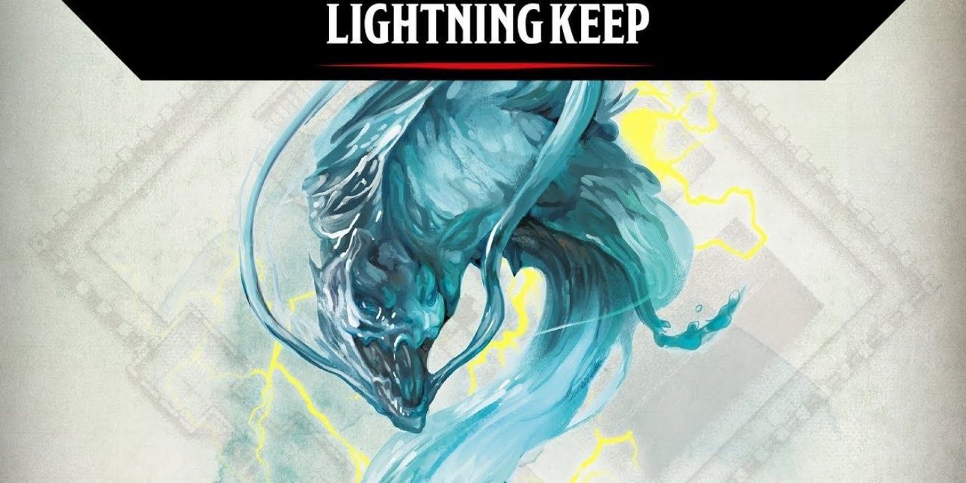 A blue, menacing dragon is winding its way around on the cover of Dungeons and Dragons' Lightning Keep.