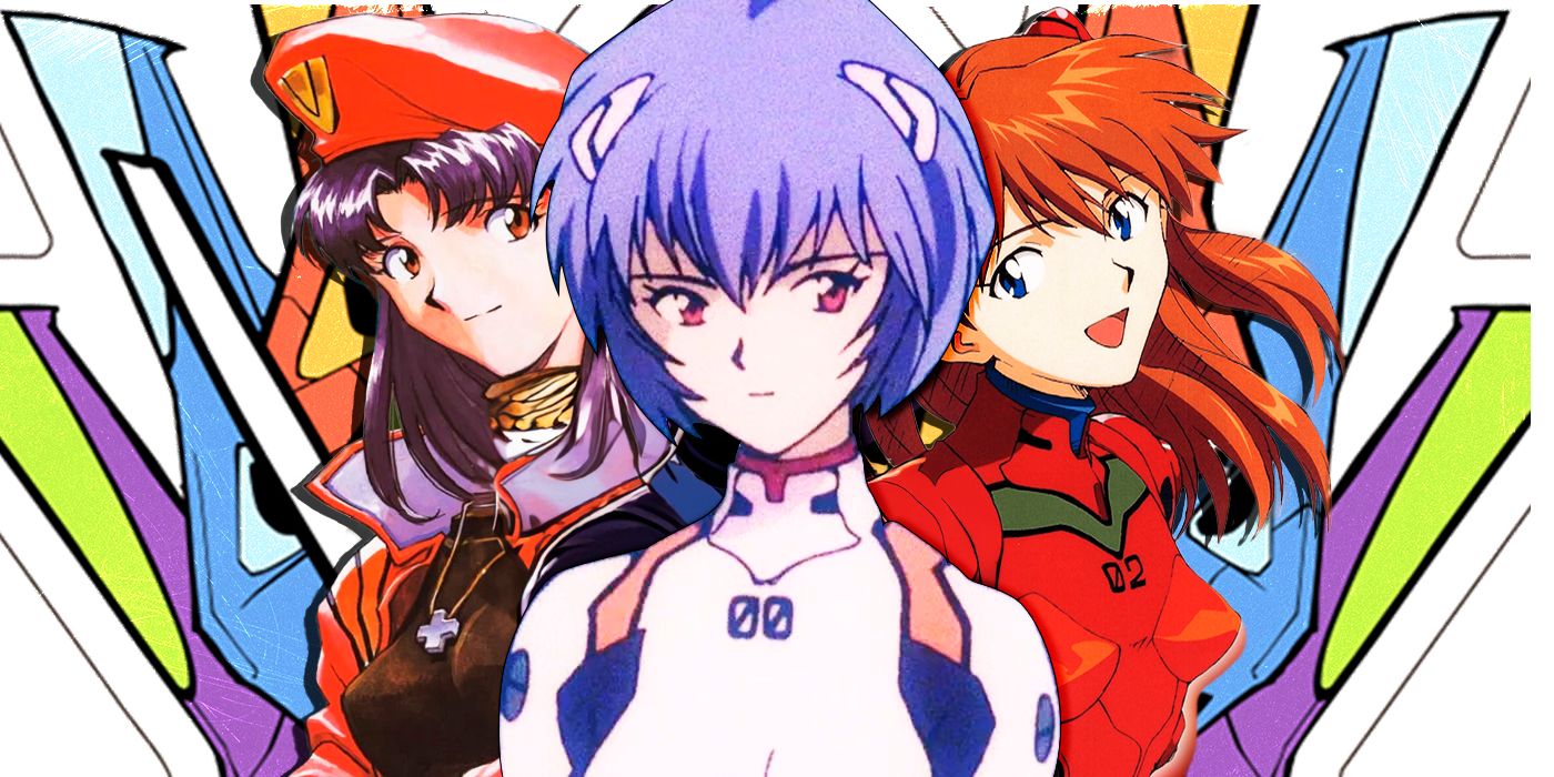 Misato, Rei and Asuka from original Evangelion anime series with anniversary logo