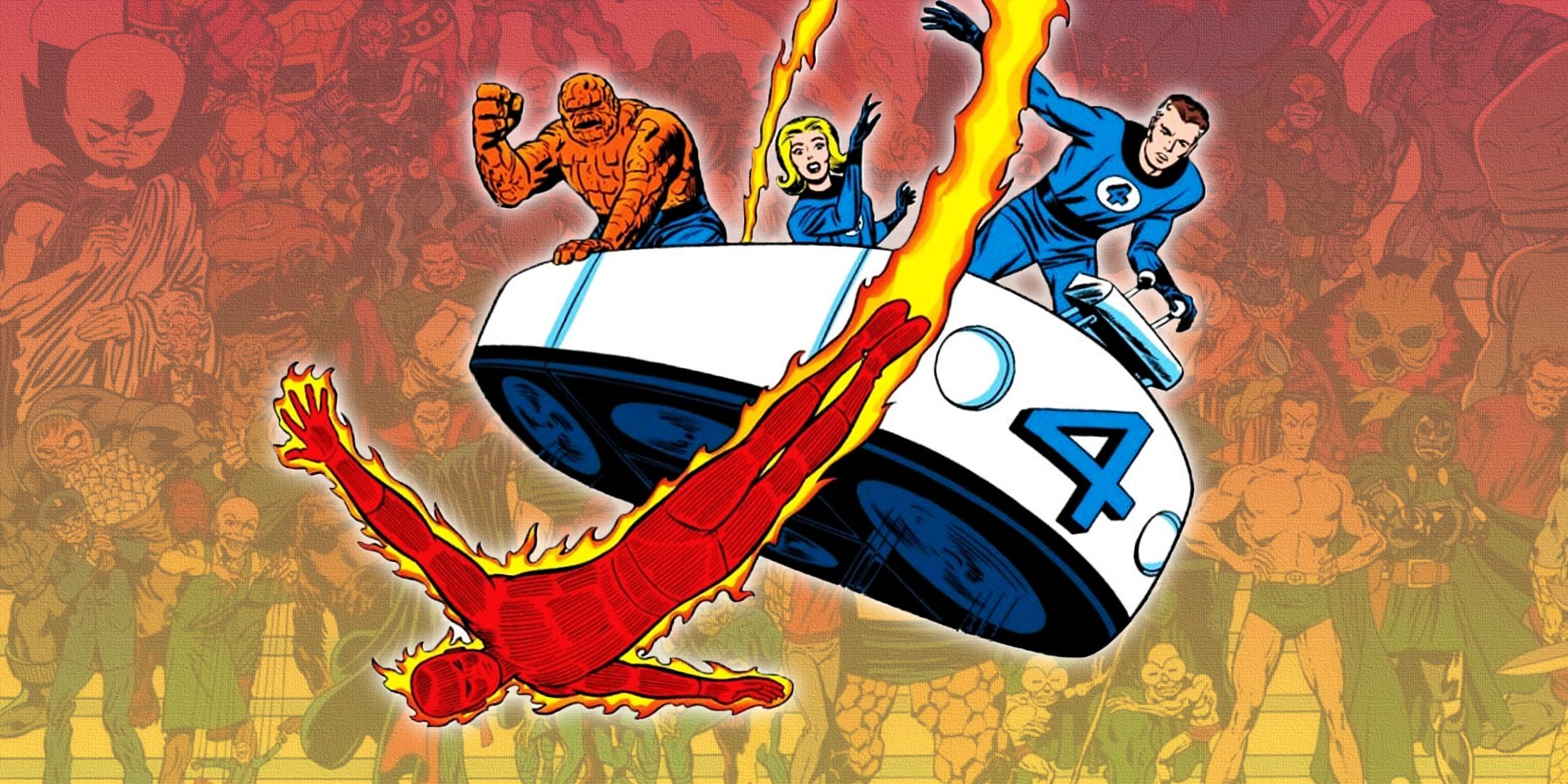 The Fantastic Four with allies and nasty related in the background