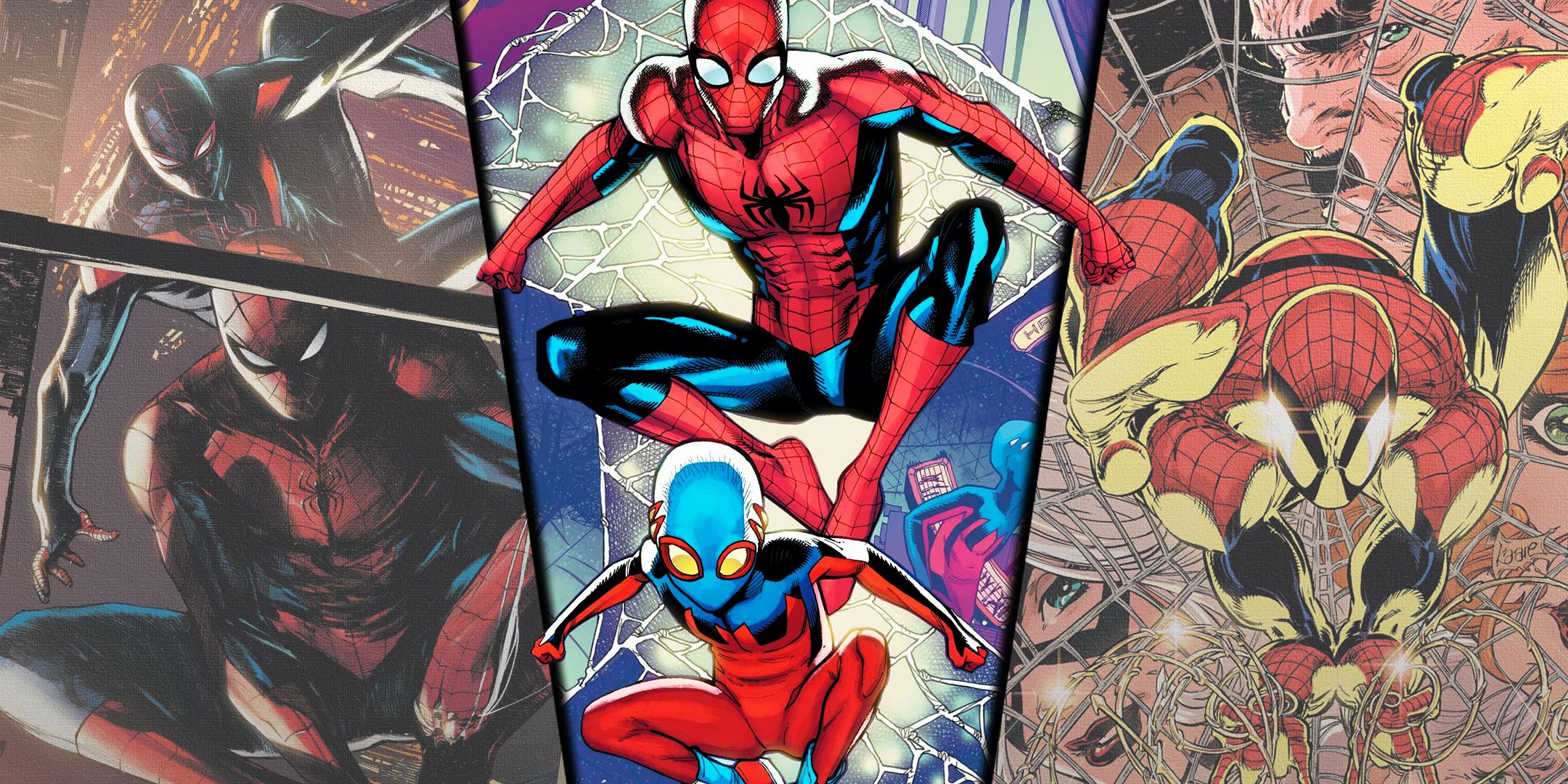 Spli Tiamge of covers for spectacular spiders, Spider-Boy and Amazing Spider-Man from Marvel Comics