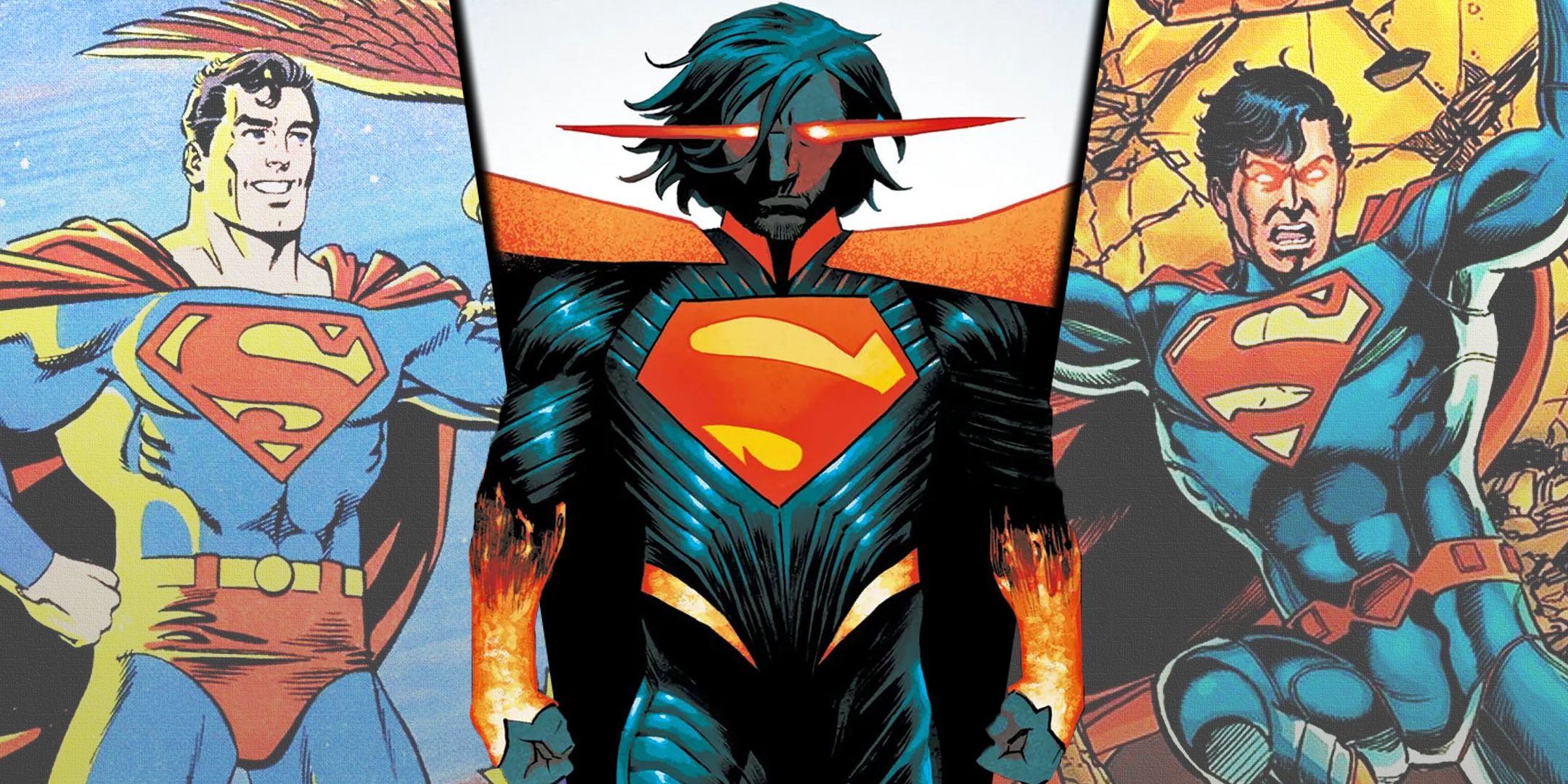Divided image of the DC post-crise superman, Absolute Superman and New 52 Superman