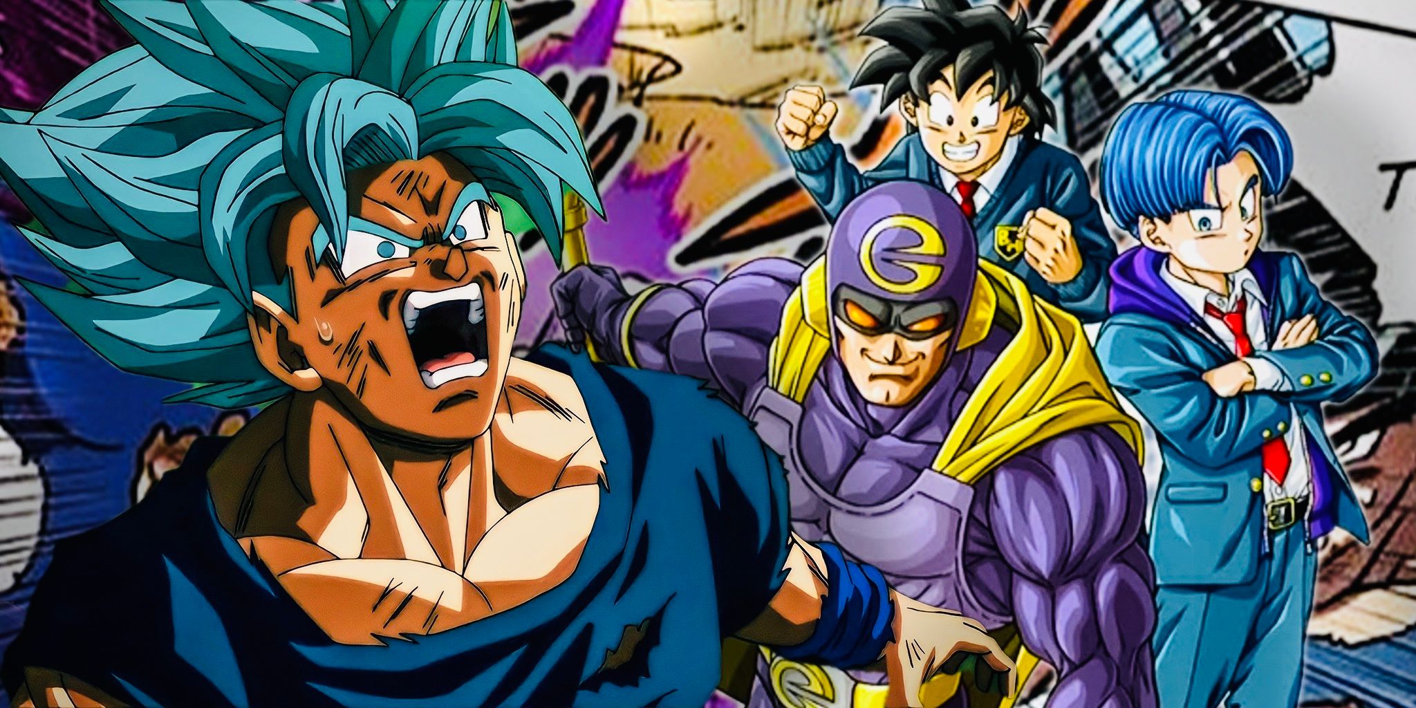 SSJ Blue Goku chocado com o deus limpo de Dragon Ball Super, Goten e Trunks