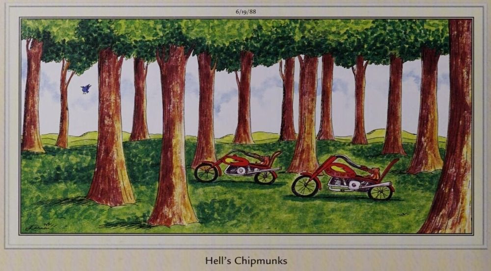 Cipmunks em uma floresta em motocicletas.