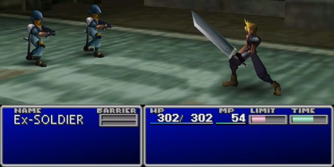 PS1 için Final Fantasy VII'de iki askerle uğraşan bulut.