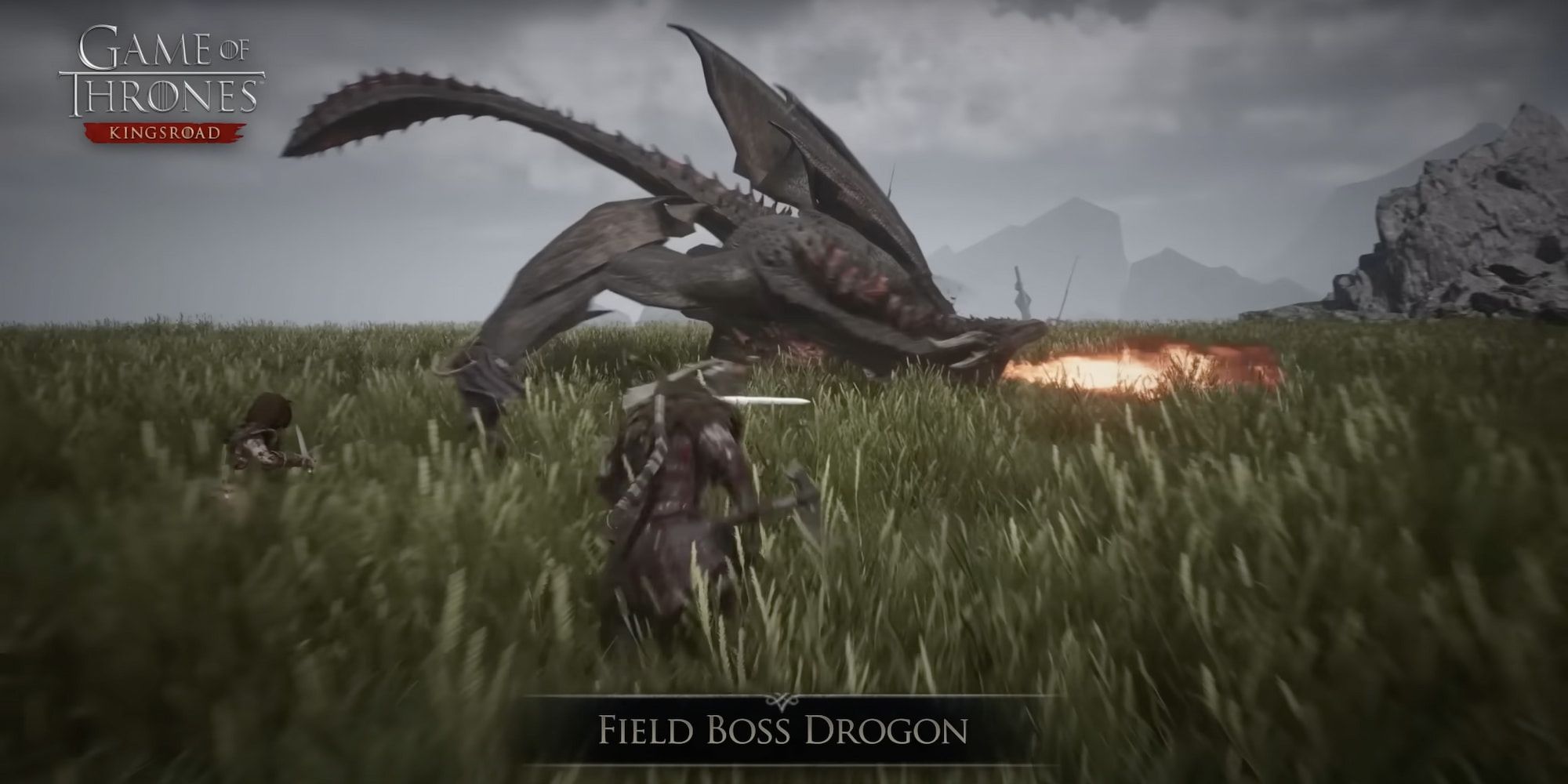 Field boss drogon breathing fire at a group of players