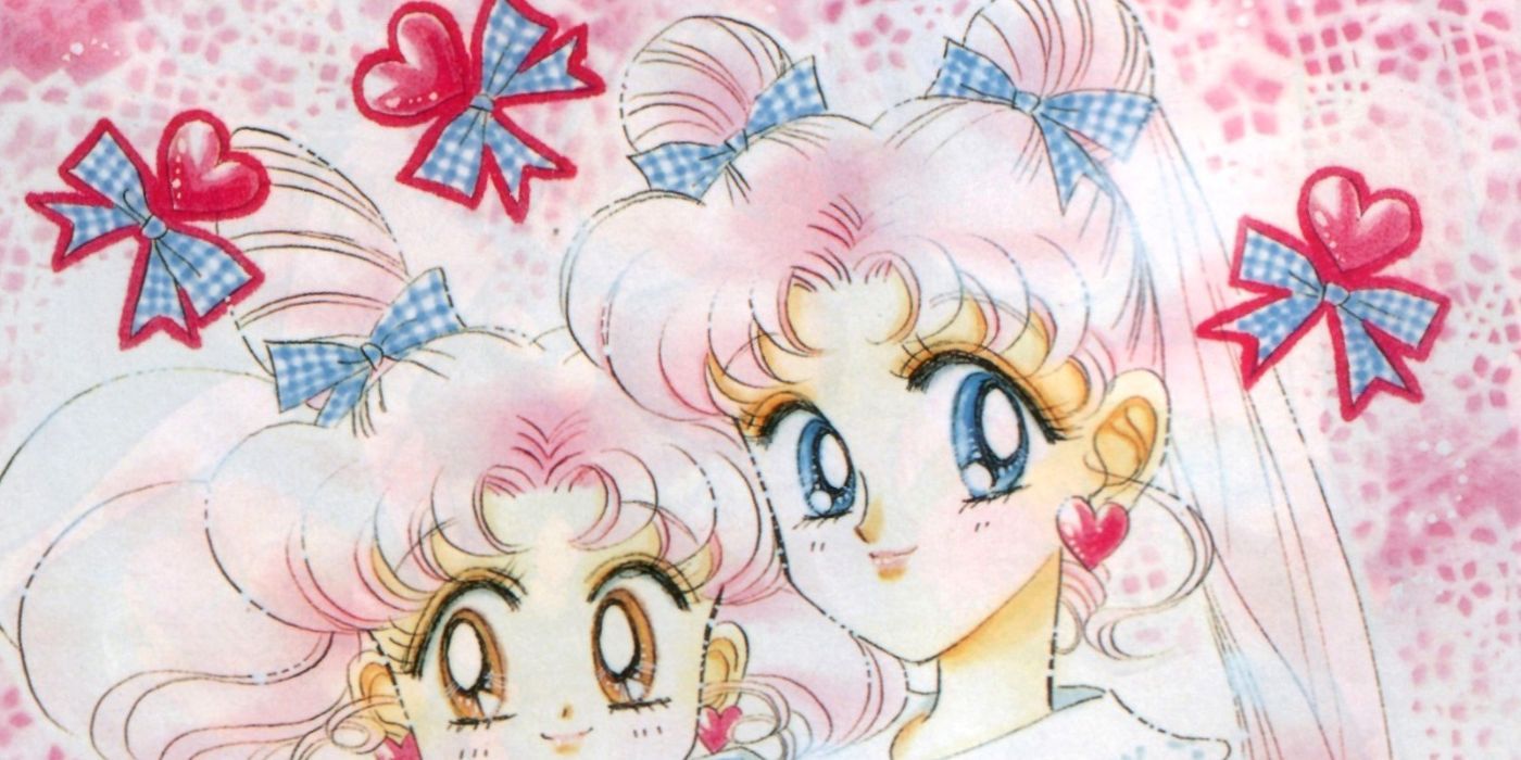 Ilustração de mangá em cores de Chibia e Usagi com cabelos rosa na bela Guardian Sailor Moon.