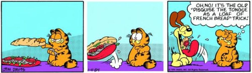 Garfield acidentalmente faz um sanduíche na língua de Odie.