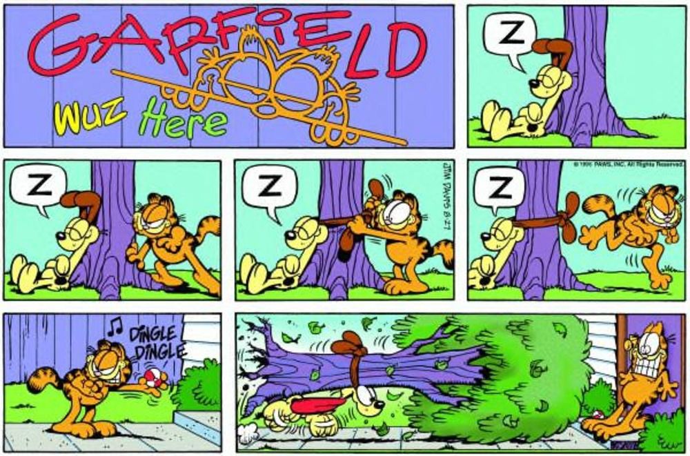 Garfield amarra Odie a uma árvore.