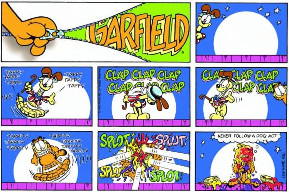 Odie supera Garfield em cima do muro.