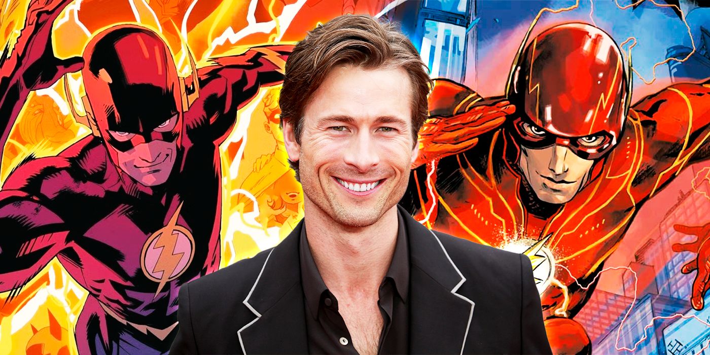 Glen Powell con cómics flash detrás de él
