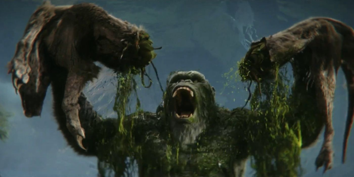 Godzilla x Kong: The New Empire showing Kong roaring as he tears a Wart Dog in half.