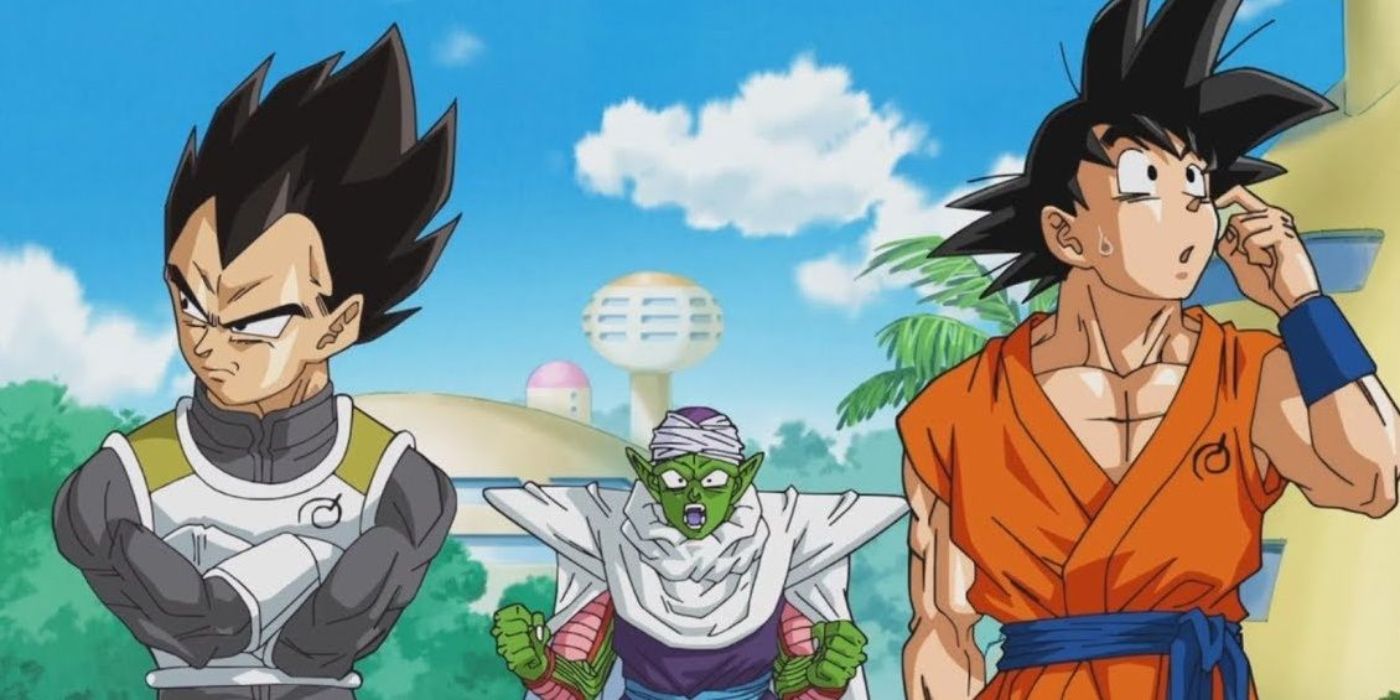 Goku se ve confuso, Vegeta se ve enojada y Piccolo está gritando con ellos en Dragon Ball.