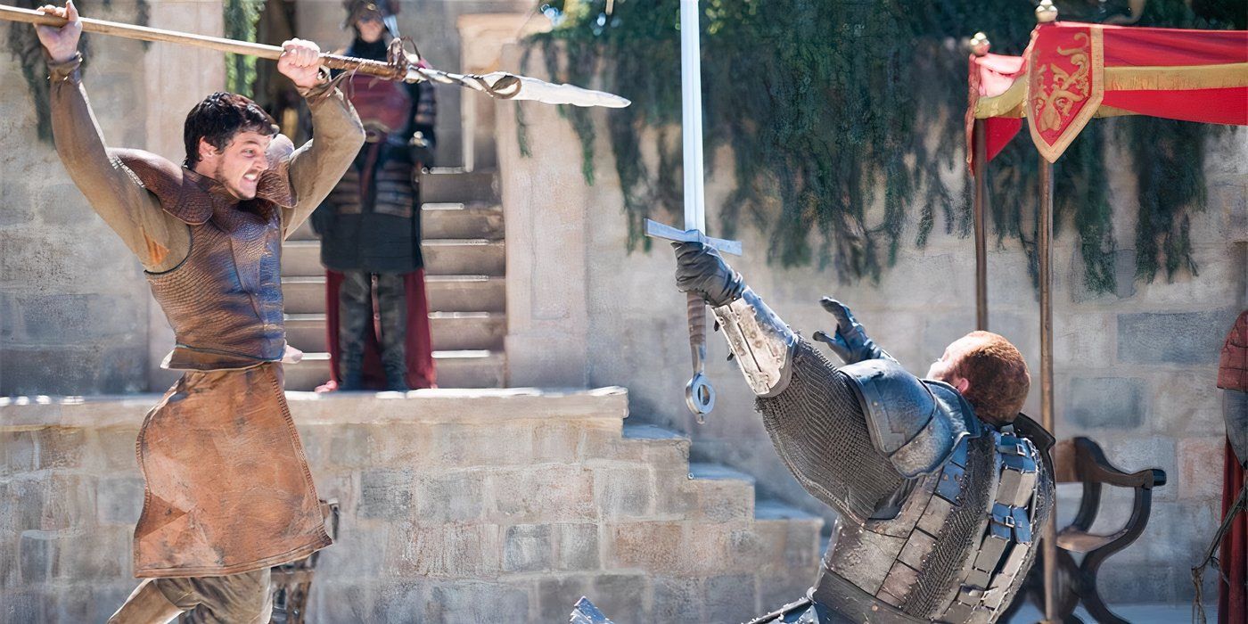 Prince Oberyn battles The Mountain in combat in Game of Thrones.