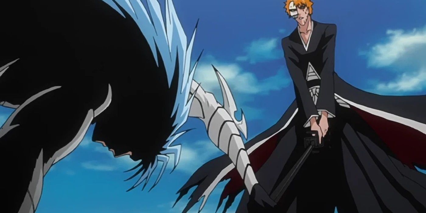 Grimmjow pega a lâmina de Ichigo enquanto ele está olhando para baixo.