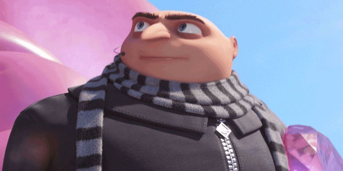 Gru está segurando uma jóia rosa e olhando para o lado em um imbecil do Despicable Me 3.