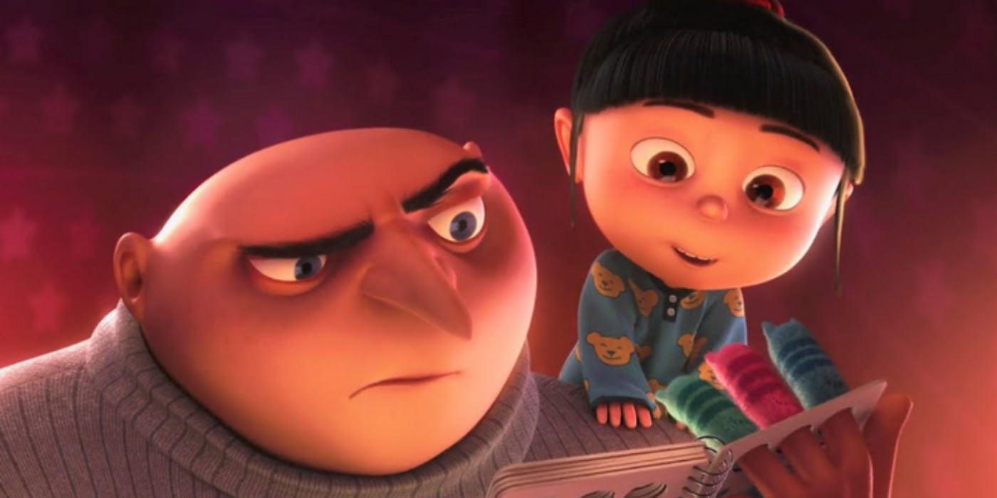 Gru está lendo o livro de histórias do Cat Puppet para Agnes e as outras garotas em mim desprezível.