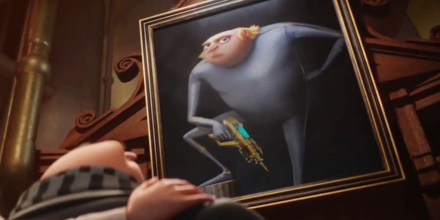 Gru está olhando para uma pintura de seu pai, que tem o pé em um tronco e está segurando uma arma futurista, no desprezível.