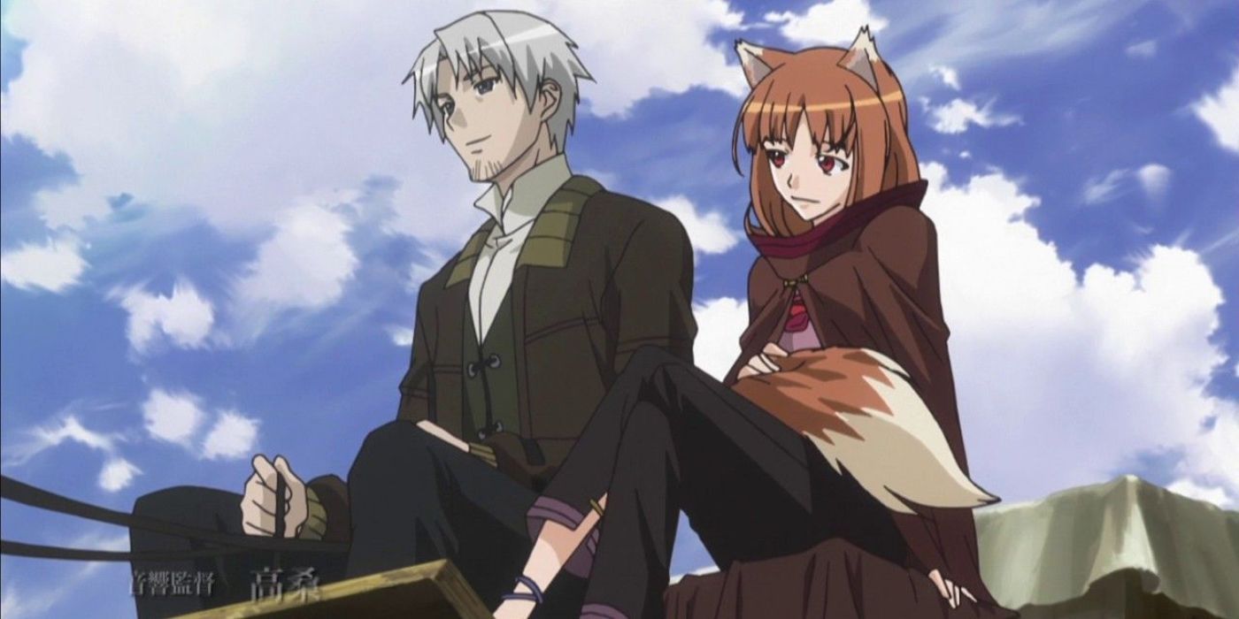 Holo y Lawrence de Spice and Wolf están montando en una carreta juntos y sonriendo.