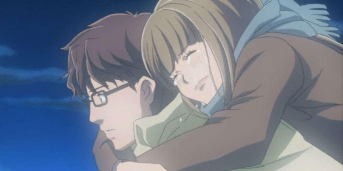 Ayumi Yamada de Honey and Clover está llorando mientras camina sobre la espalda de Takumi Mayama.