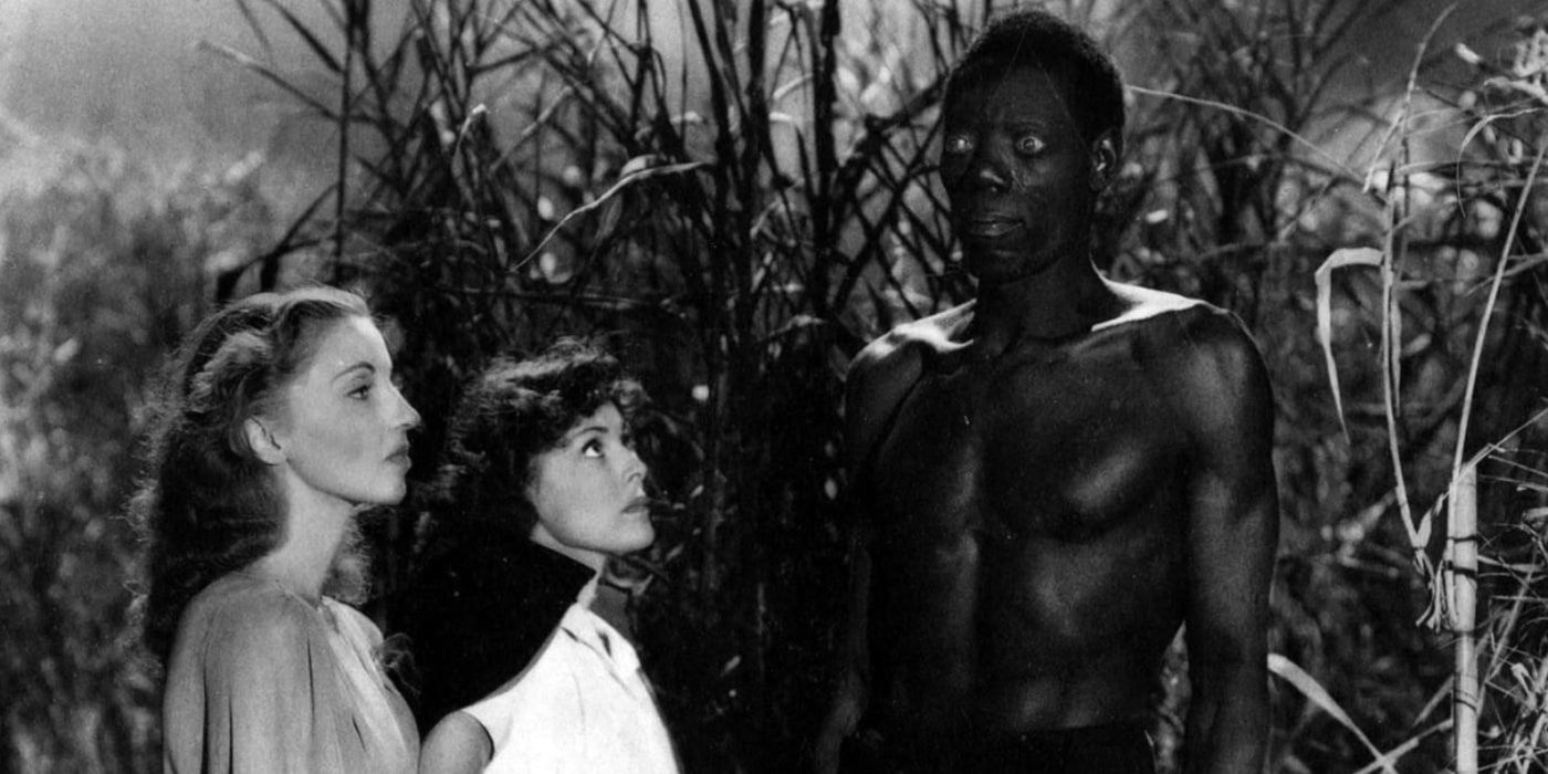 Jessica (Christine Gordon) y Betsy (Frances Dee) conocen a Carrefour (Darby Jones) en I Walked With a Zombie.