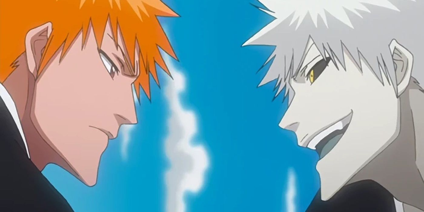 Ichigo enfrenta seu eu oco com céus azuis ao fundo.