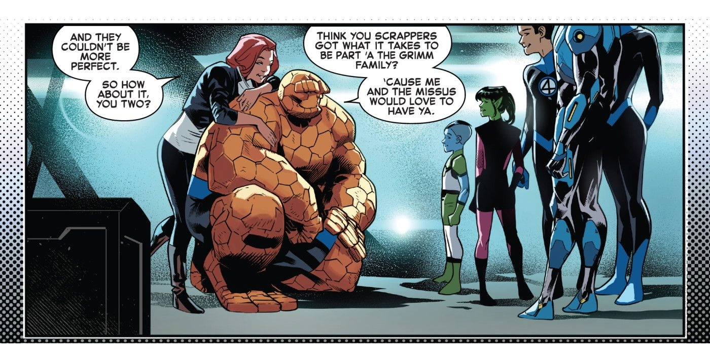 Ben Grimm e Alicia Masters conversam com seus filhos