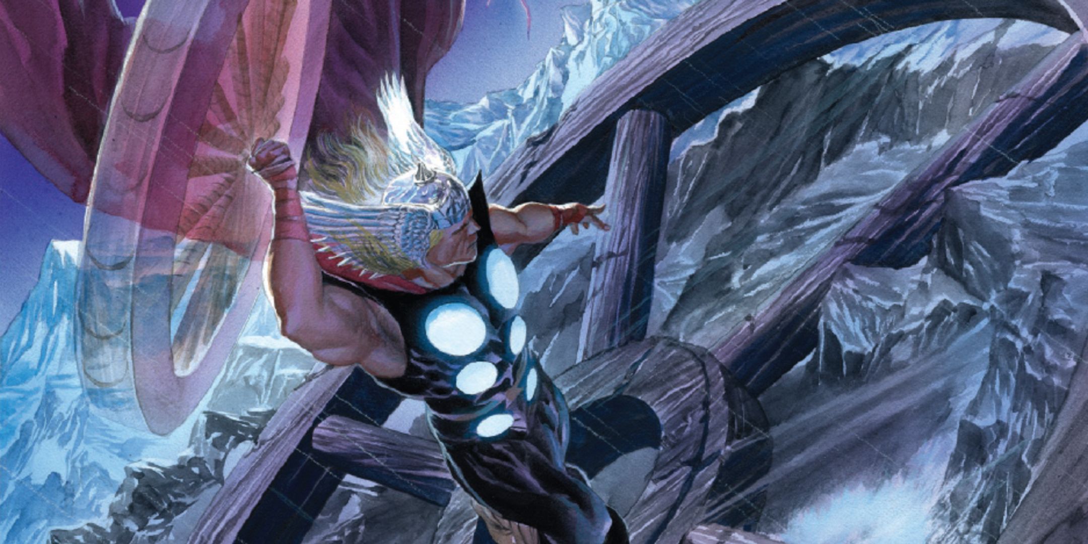 Thor spins Mjolnir in an icy environment