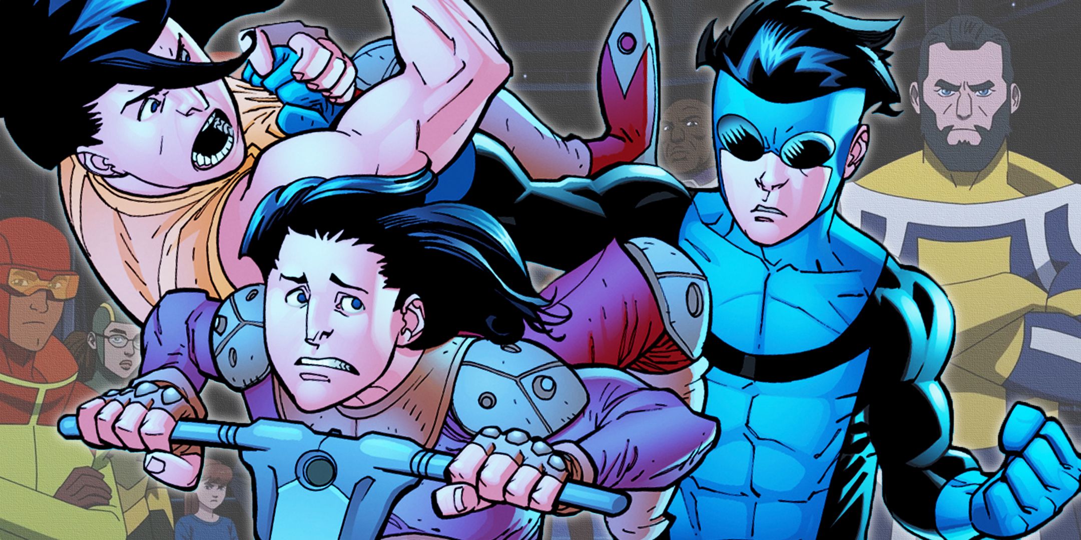 Invincible with Dropkick and Fightmaster from the comics and the animated Guardians of the Globe in the background