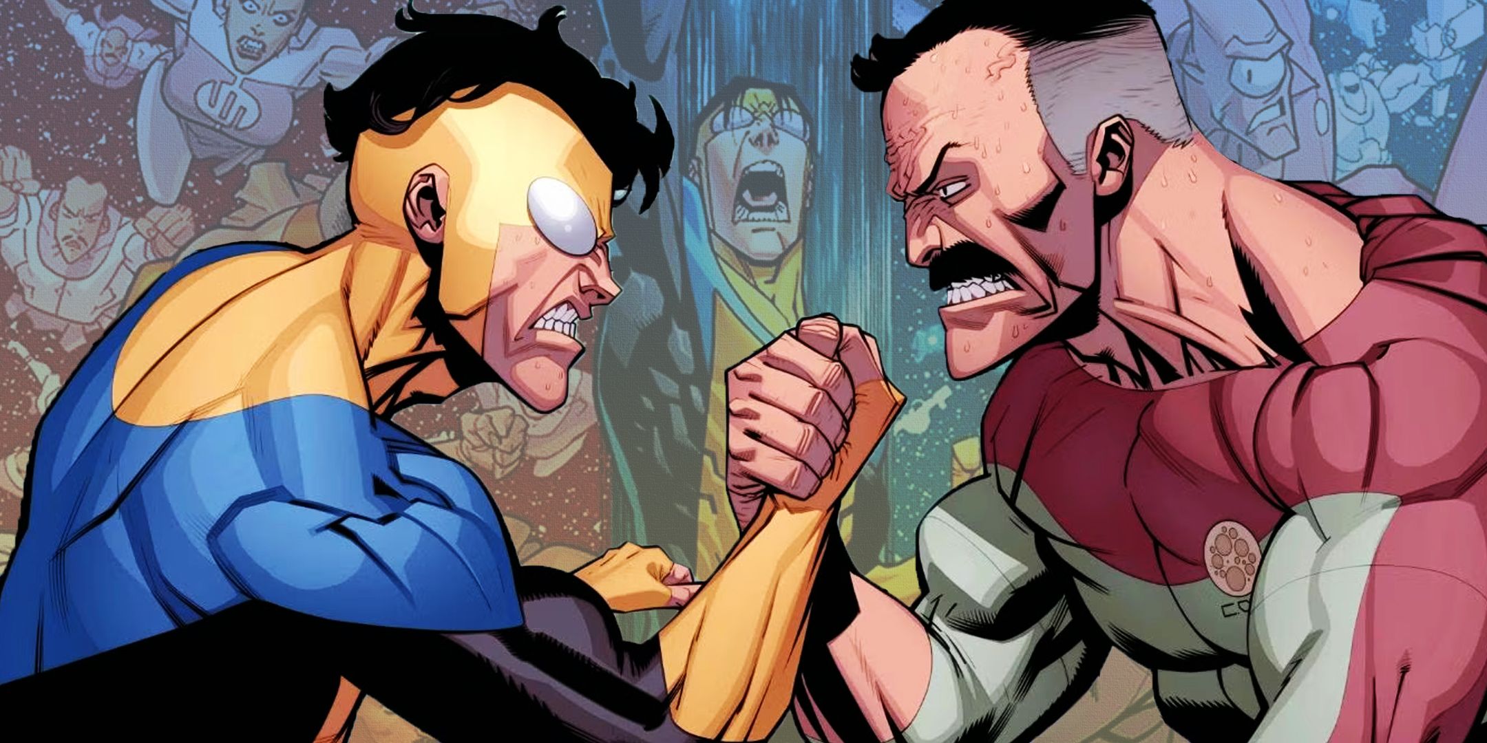 Invincible and Omni-Man arm-wrestling with the Viltrumite War in the background