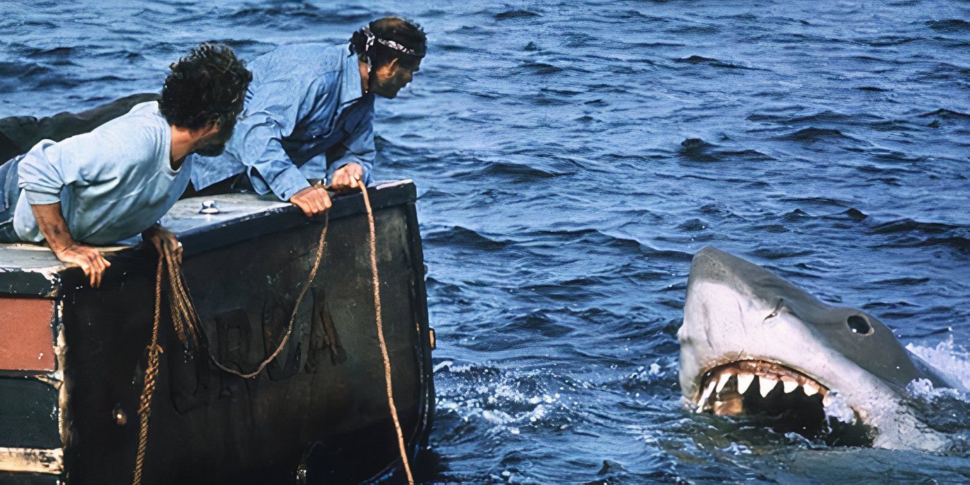 Hooper and Quint are caught off guard by the shark in Jaws.