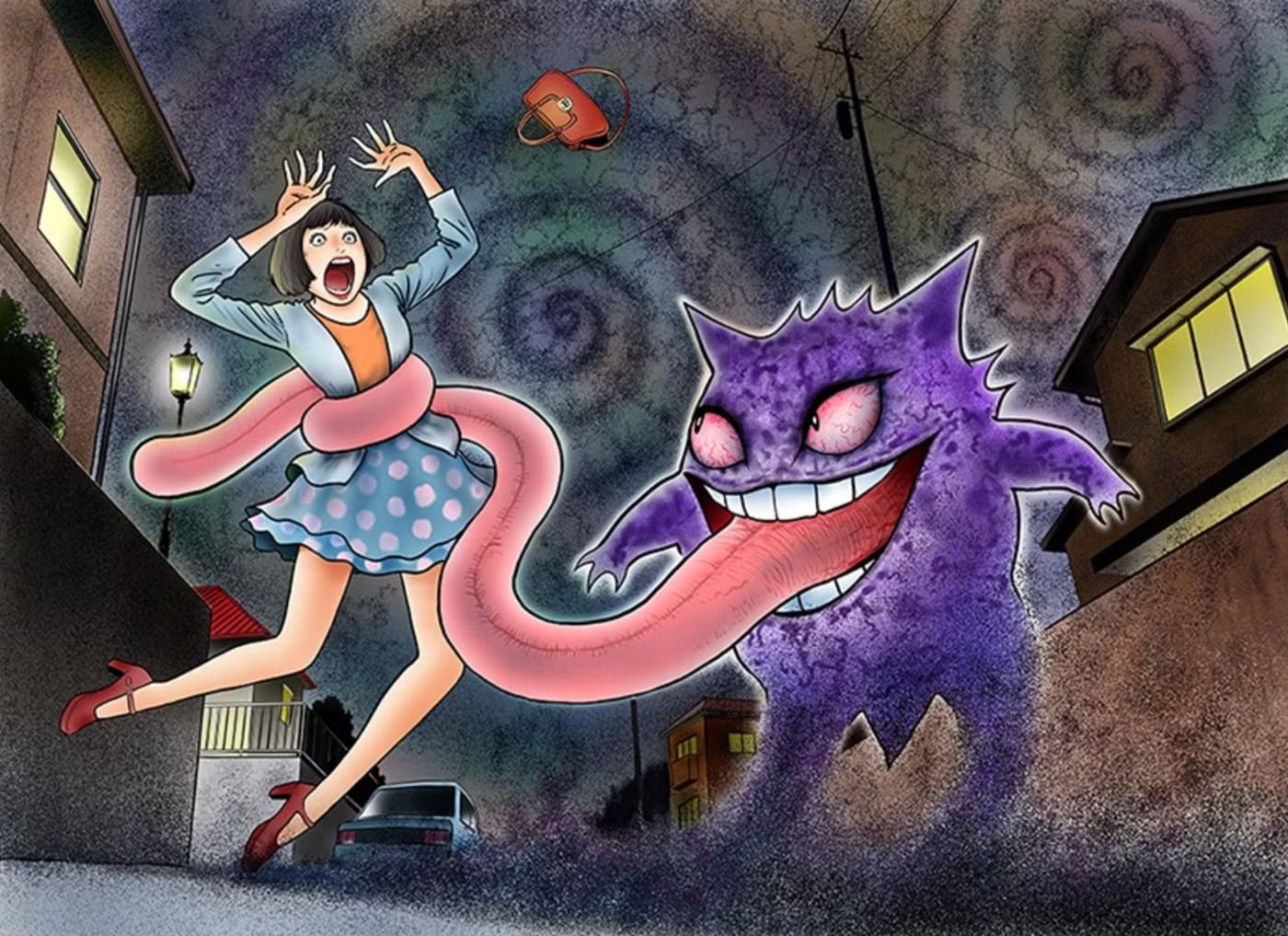 Em um mundo de Uzumaki, Gengar captura uma mulher assustada com a língua, emergindo das sombras.