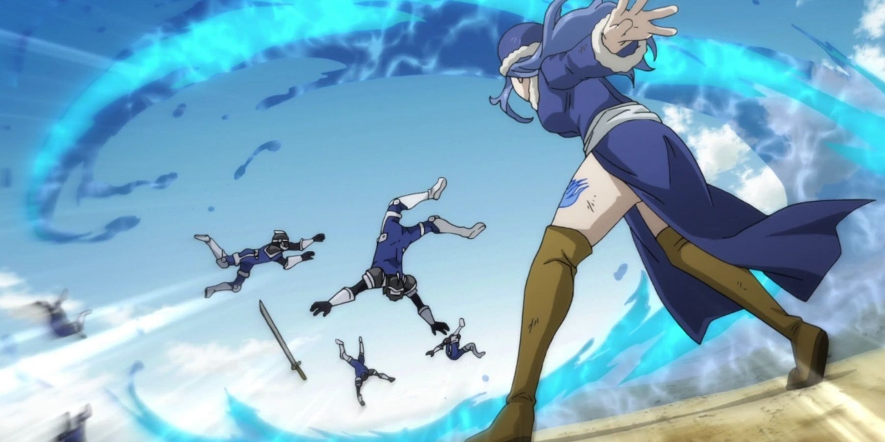 Juvia posa enquanto atacava vários soldados com magia da água no anime da cauda de fadas.