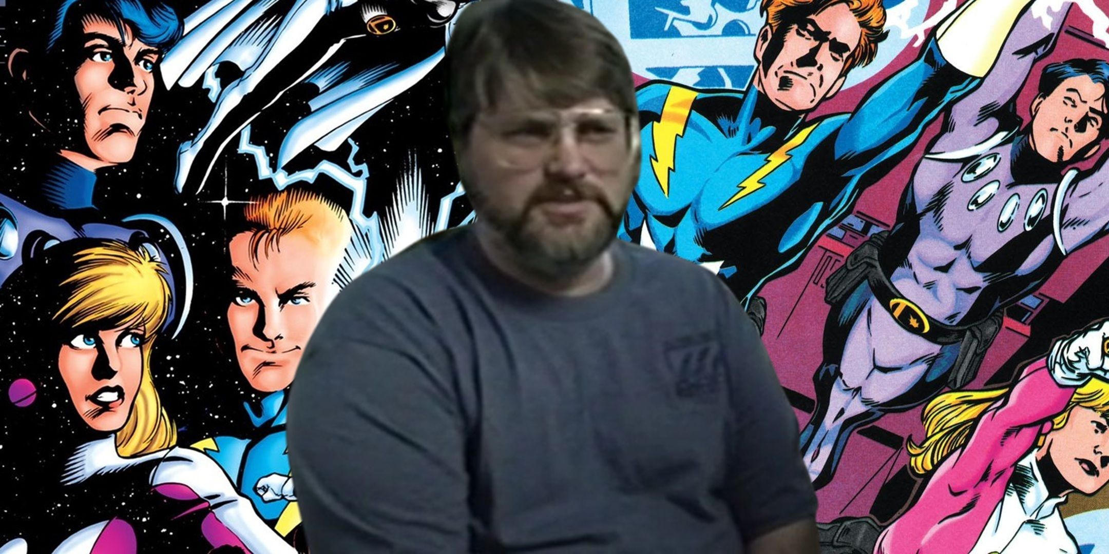 KC Carlson superimposed on top of comics he edited