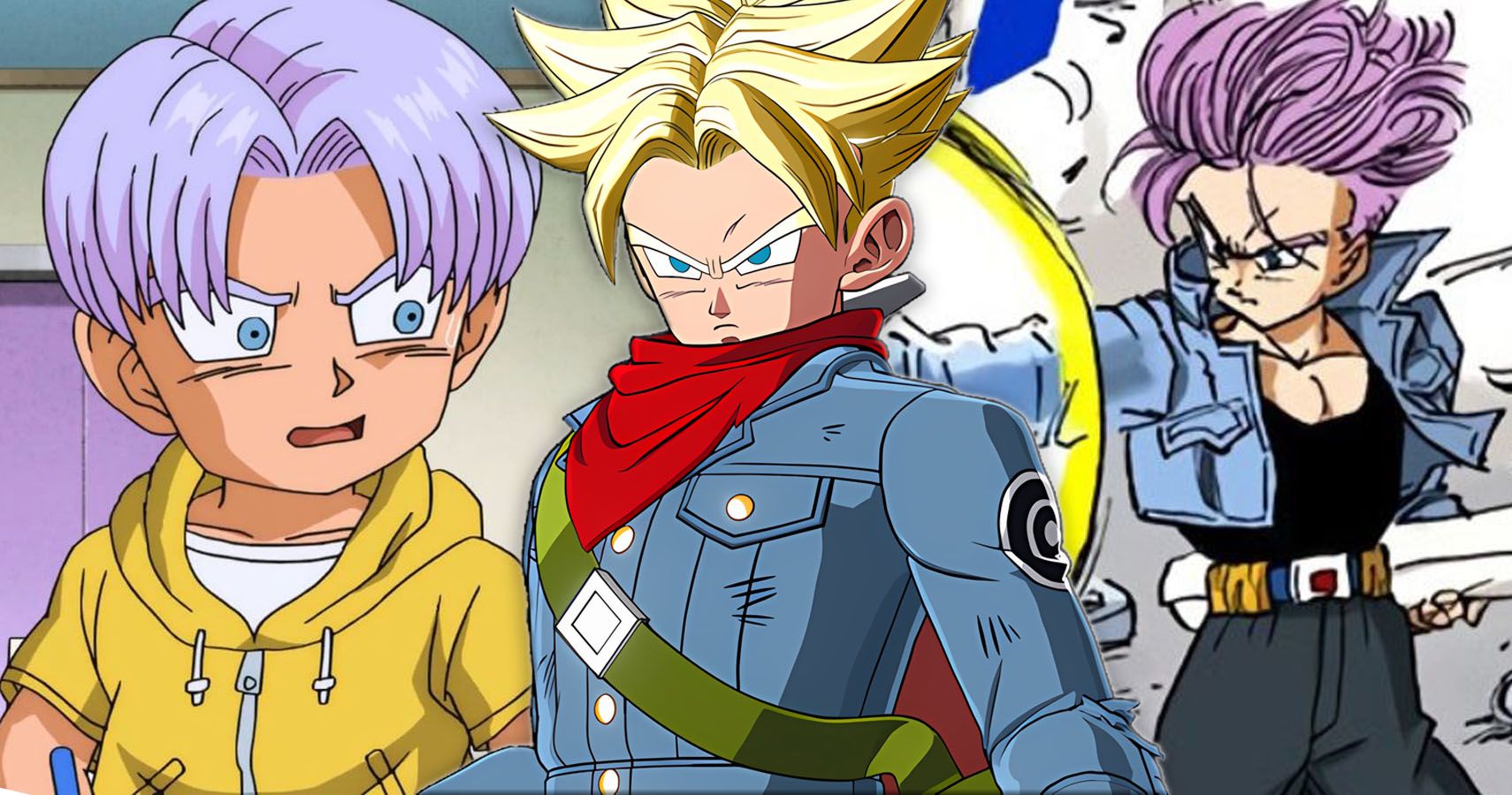 Kid Trunks looking at Super Saiyan Future Trunks and base Trunks from Dragon Ball Super and Dragon Ball Z