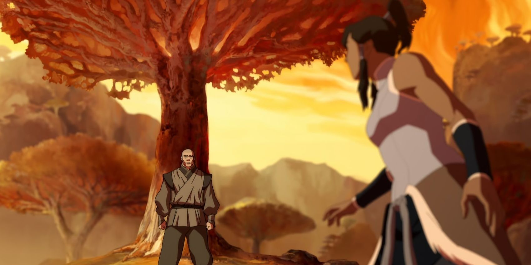 Korra olha para Zaheer no mundo espiritual na lenda do anime Korra.