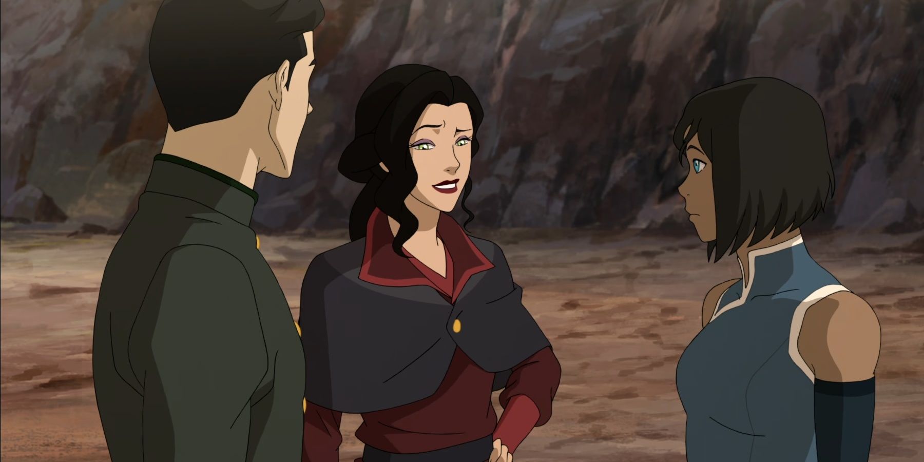 Asami sorri e fala enquanto Mako e Korra ouvem no anime Legend of Korra.