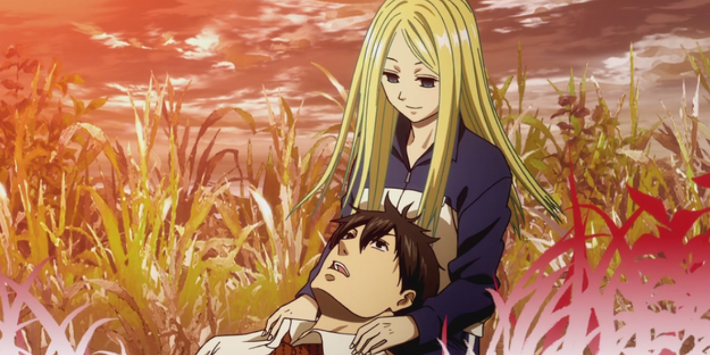 Kou is resting his head in Nino's lap in Arakawa Under the Bridge.