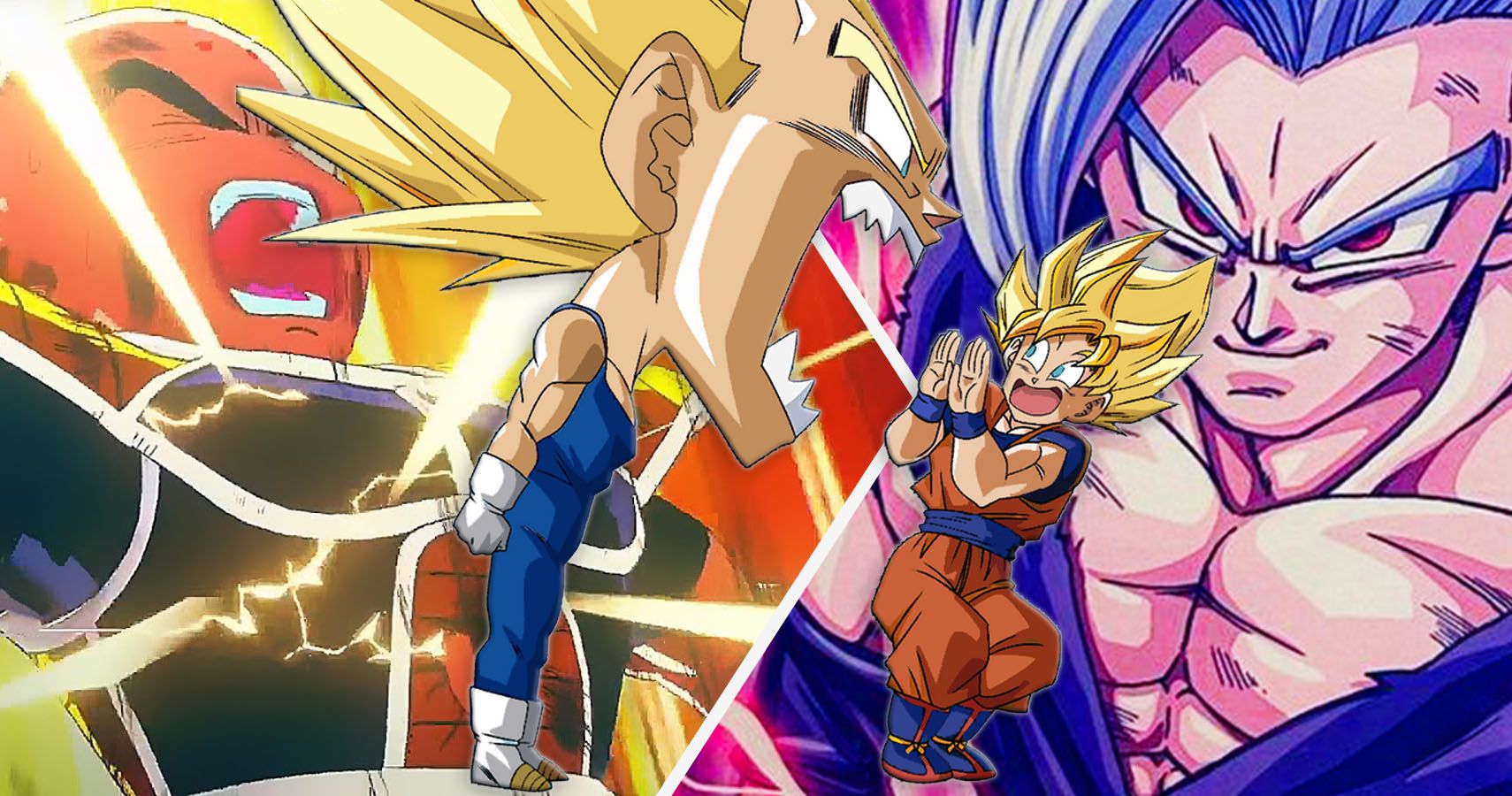 Killin morrendo, Vegeta gritando com Goku e Gohan Beast de Dragon Ball Z e Dragon Ball Super