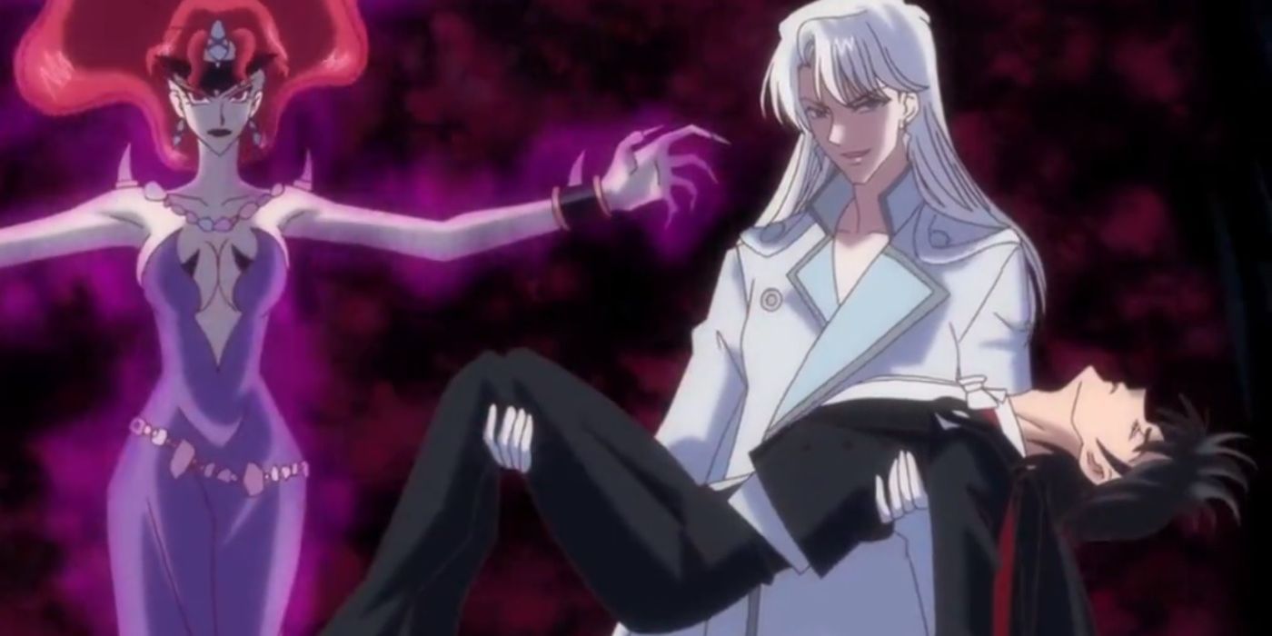 Kunzite segurando a máscara de smoking ferida ao lado da rainha Beryl em Sailor Moon Crystal