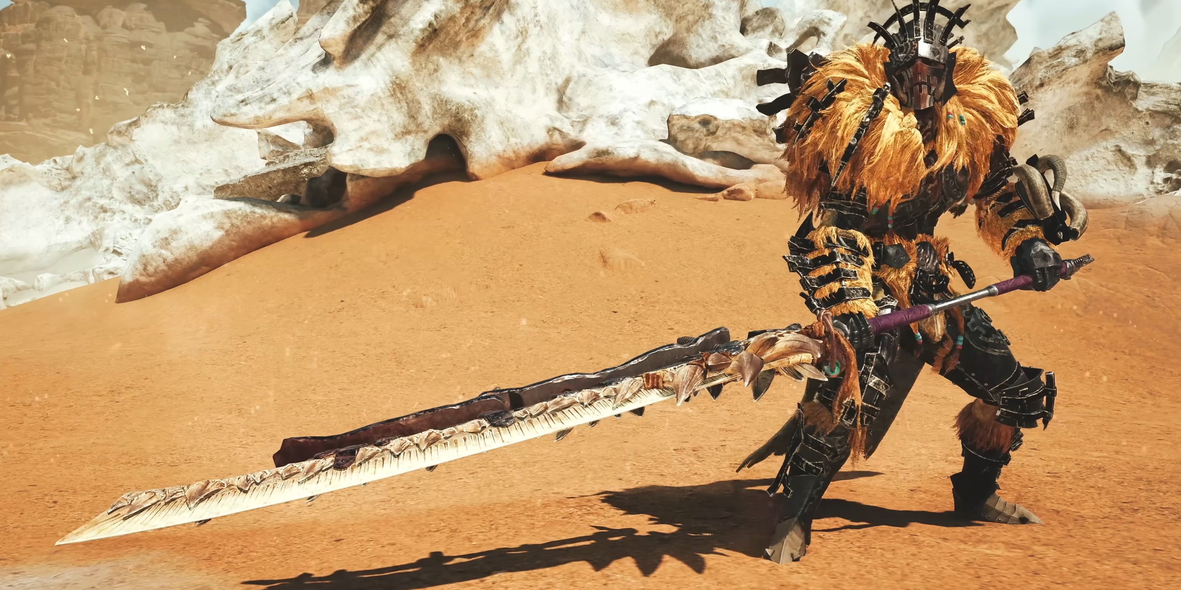 El jugador sosteniendo una larga espada en Monster Hunter