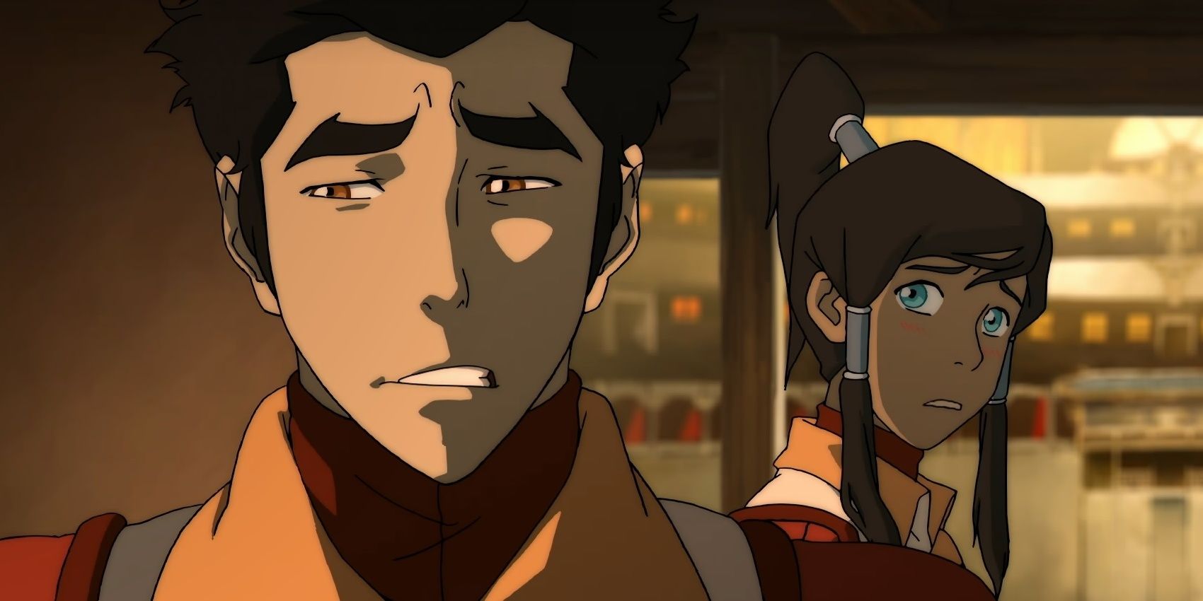 Mako looks nervous while a blushing Korra looks at him in The Legend of Korra anime.